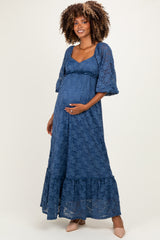 Blue Lace Long Sleeve Maternity Maxi Dress