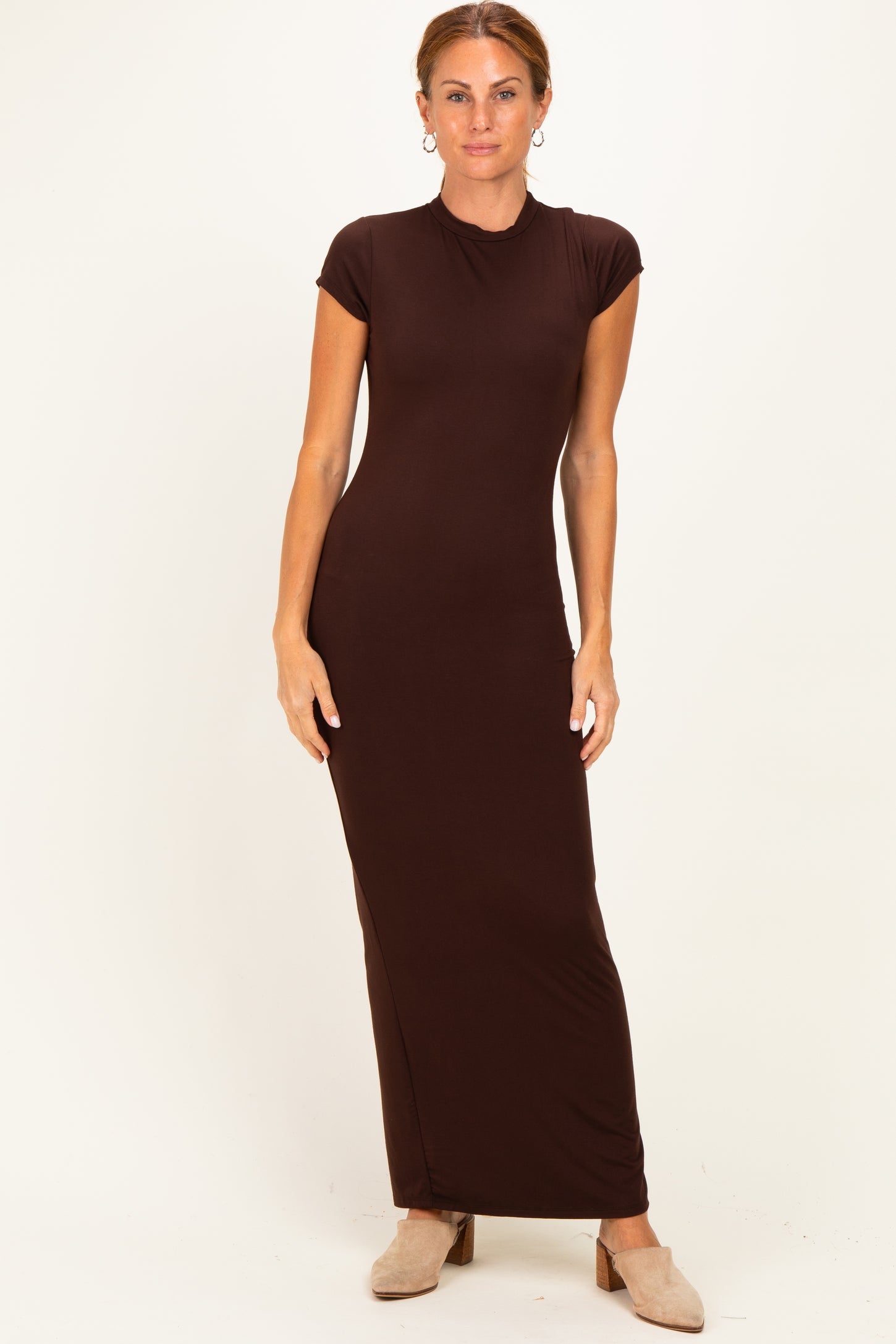 Brown Fitted Short Sleeve Maxi Dress