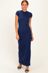 Navy Fitted Short Sleeve Maternity Maxi Dress