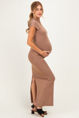 Mocha Fitted Short Sleeve Maternity Maxi Dress