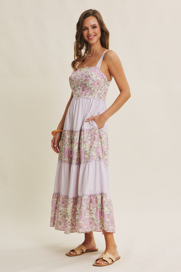 Lavender Multi Floral Tiered Sleeveless Midi Dress