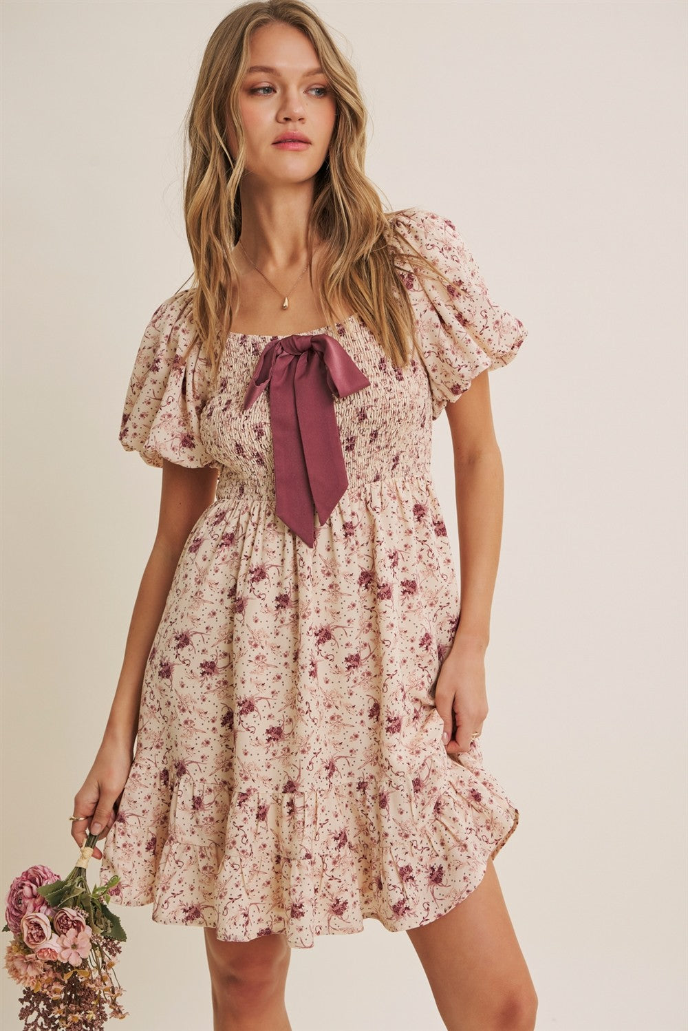 Burgundy Bow Smocked Bubble Sleeve Maternity Mini Dress