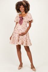 Burgundy Bow Smocked Bubble Sleeve Maternity Mini Dress