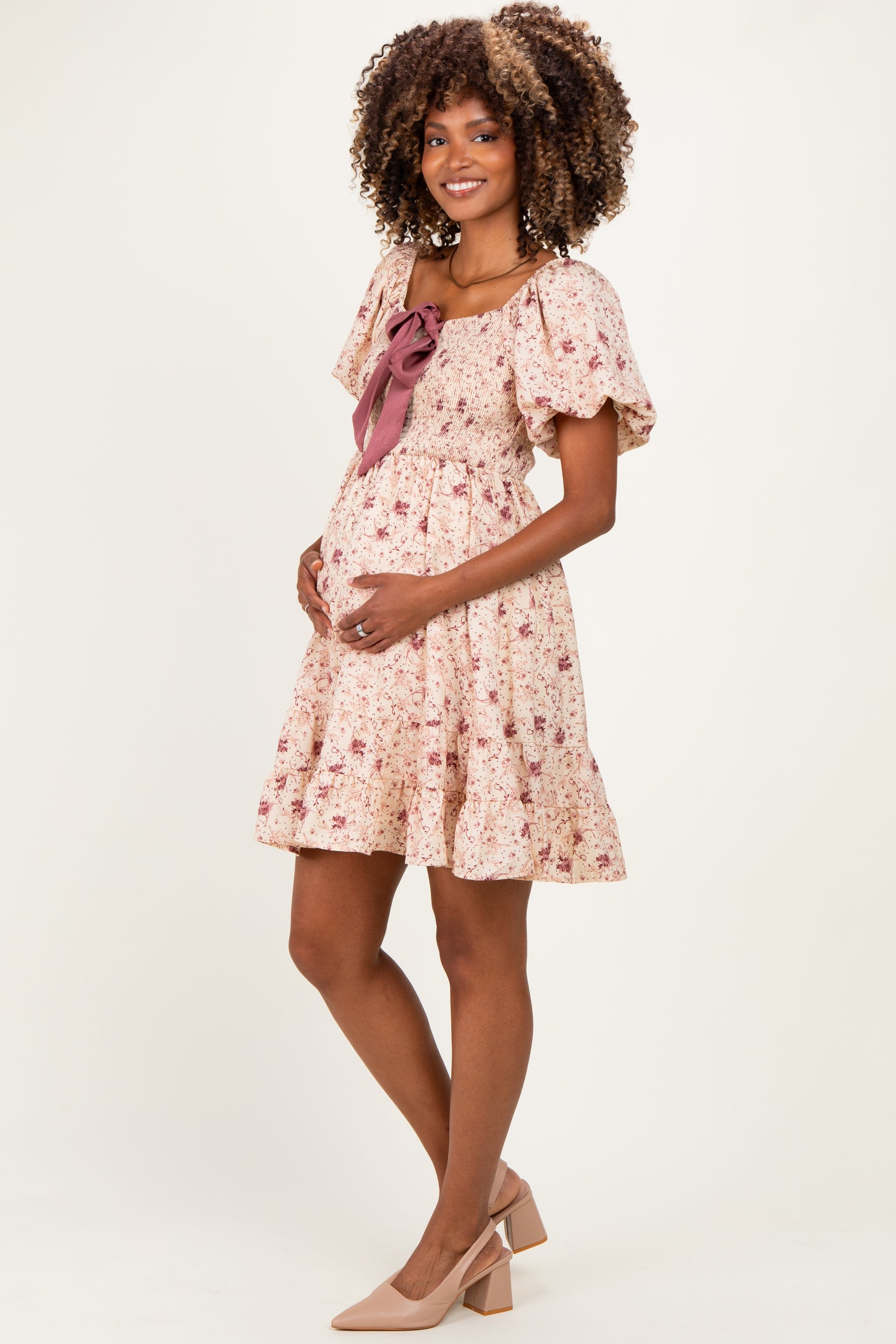 Burgundy Bow Smocked Bubble Sleeve Maternity Mini Dress