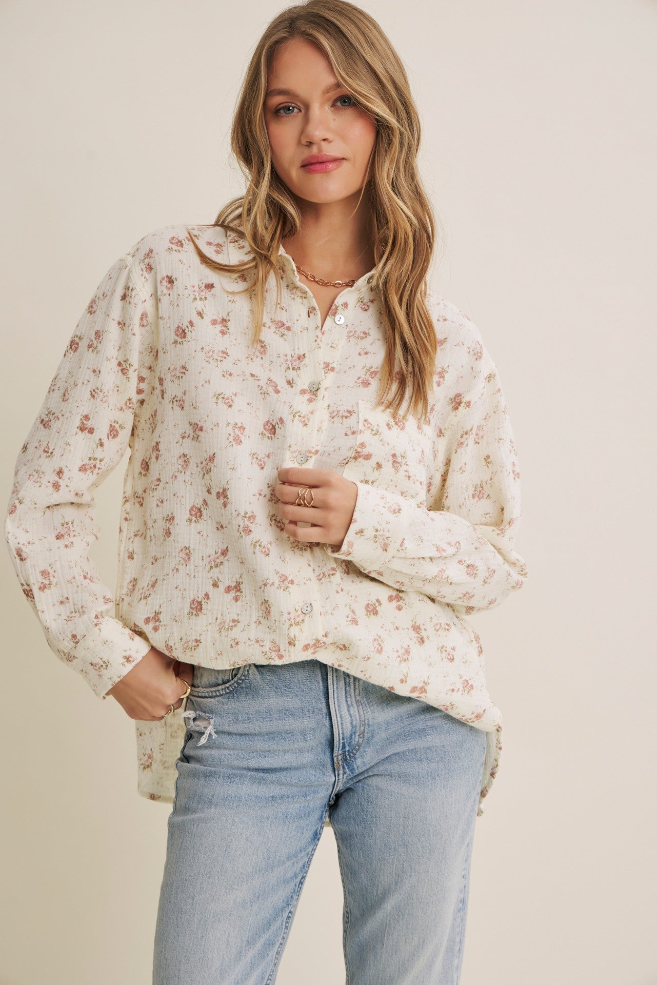Mauve Floral Cotton Gauze Oversized Button-Down Maternity Shirt