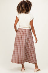 Cream/Mocha Plaid Cap Sleeve Maternity Midi Dress