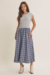 Heather Grey/ Navy Plaid Cap Sleeve Midi Dress