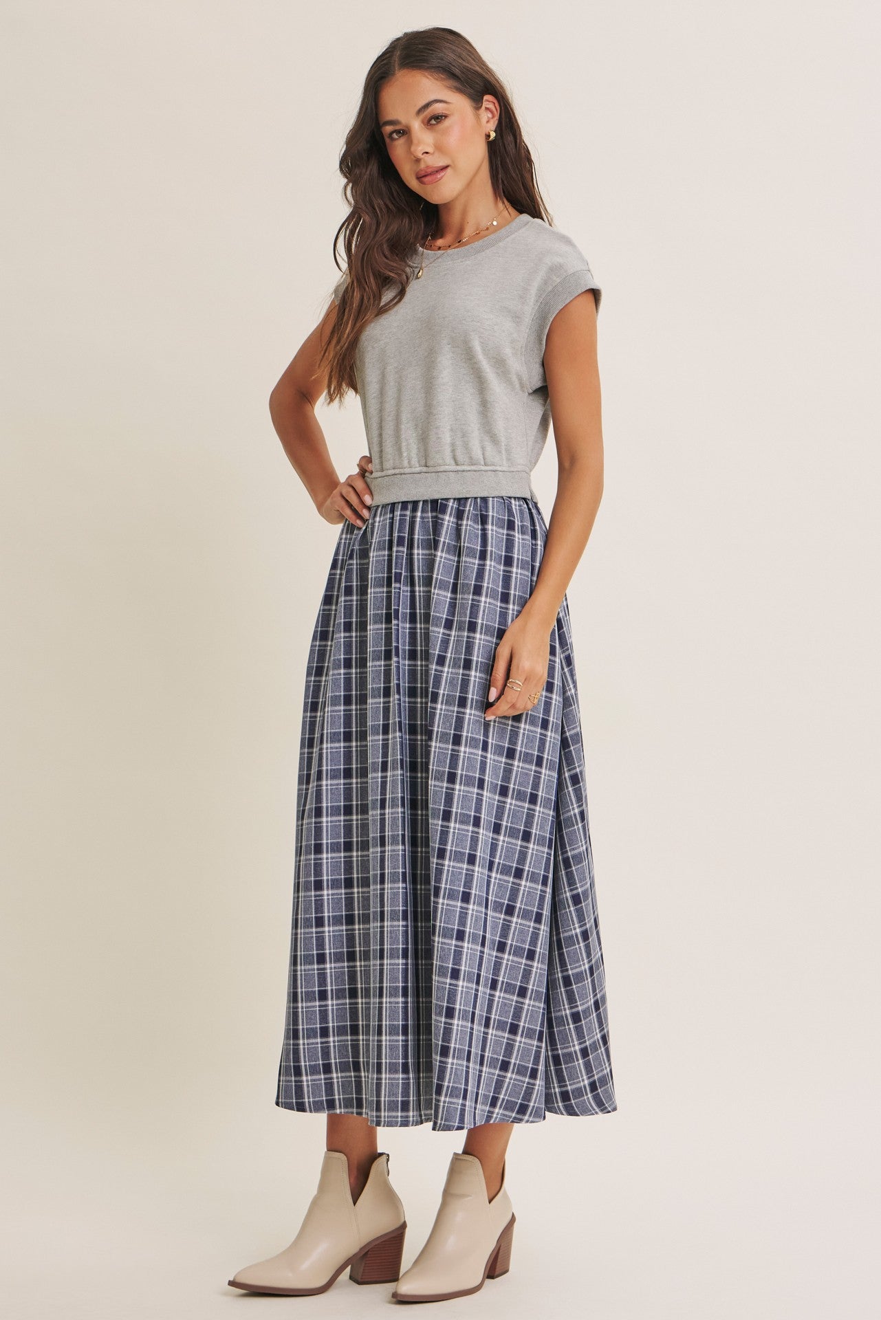 Heather Grey/ Navy Plaid Cap Sleeve Midi Dress