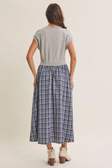 Heather Grey/ Navy Plaid Cap Sleeve Midi Dress