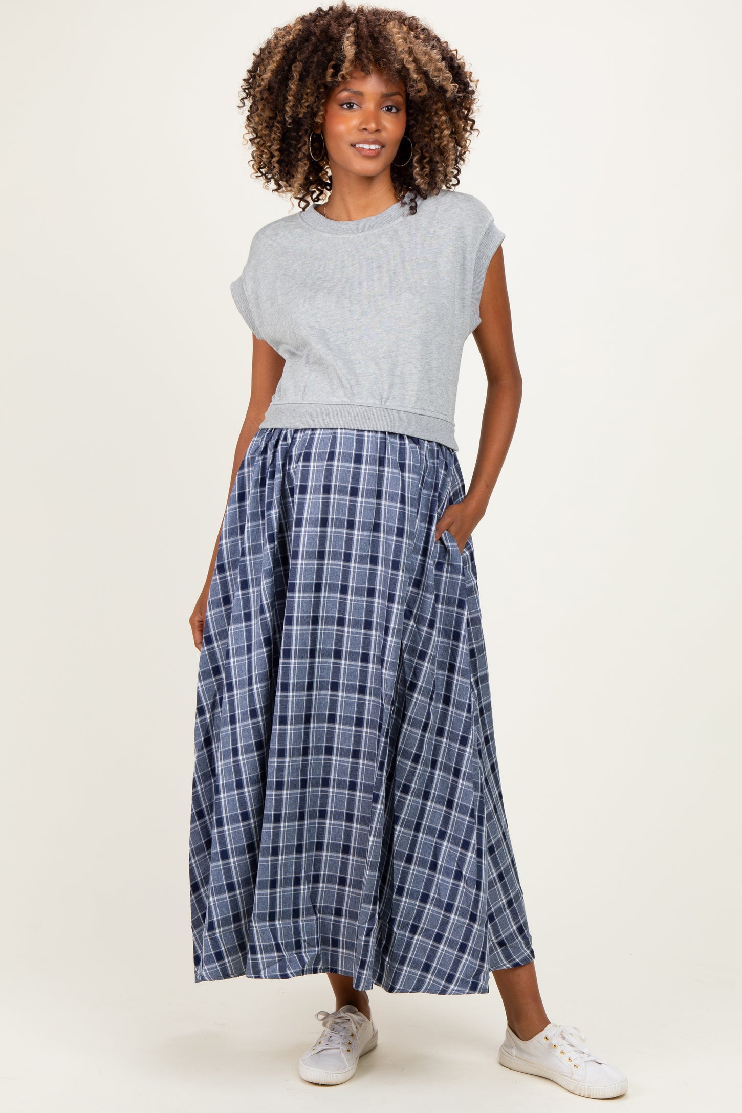 Heather Grey/ Navy Plaid Cap Sleeve Maternity Midi Dress