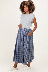 Heather Grey/ Navy Plaid Cap Sleeve Maternity Midi Dress
