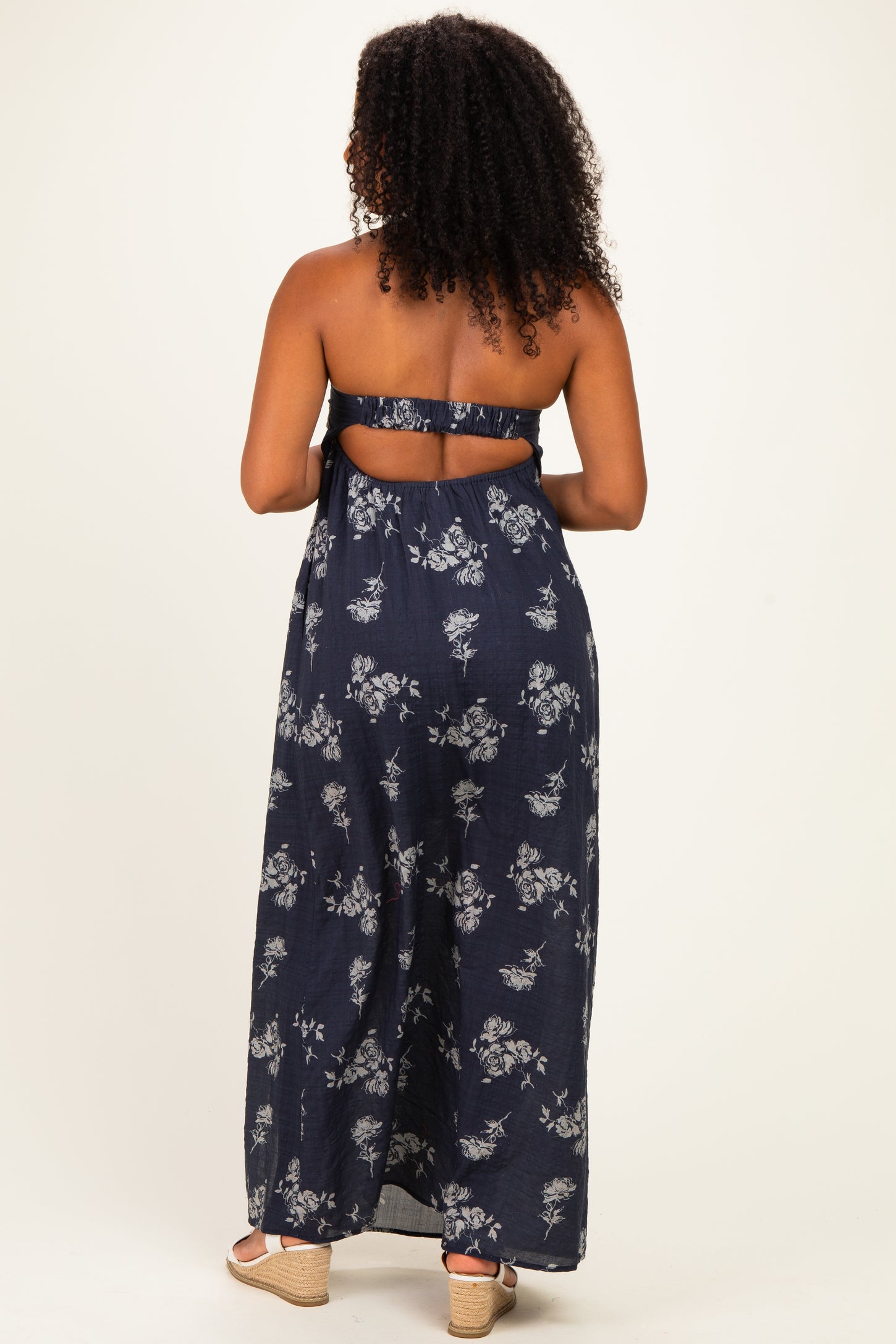 Dark Blue Floral Strapless Cutout Maxi Dress
