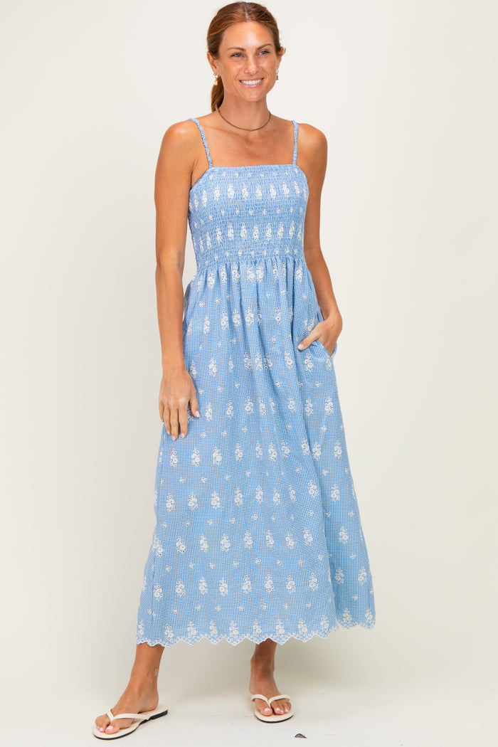 Blue Embroidered Smocked Maternity Maxi Dress