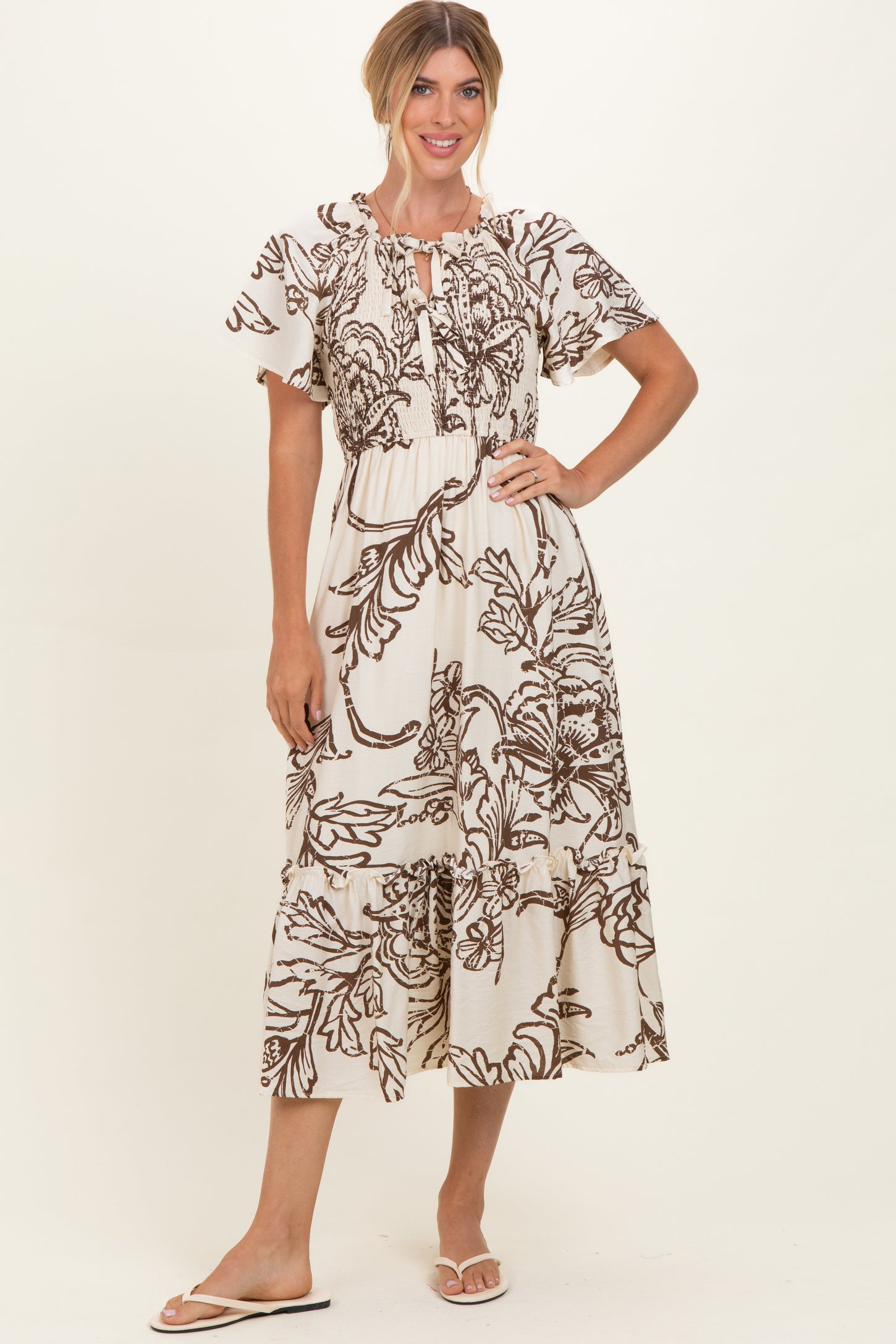 Taupe Floral Smocked Front Tie Midi Dress