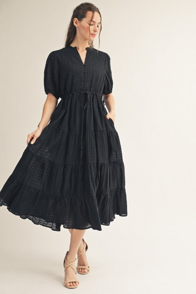 Black Drawstring Waist Tiered Midi Dress