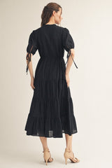 Black Drawstring Waist Tiered Midi Dress