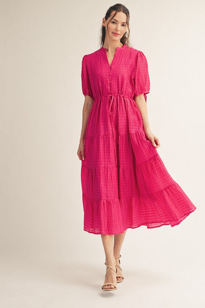 Fuchsia Drawstring Waist Tiered Maternity Midi Dress