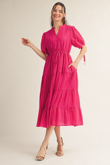 Fuchsia Drawstring Waist Tiered Midi Dress