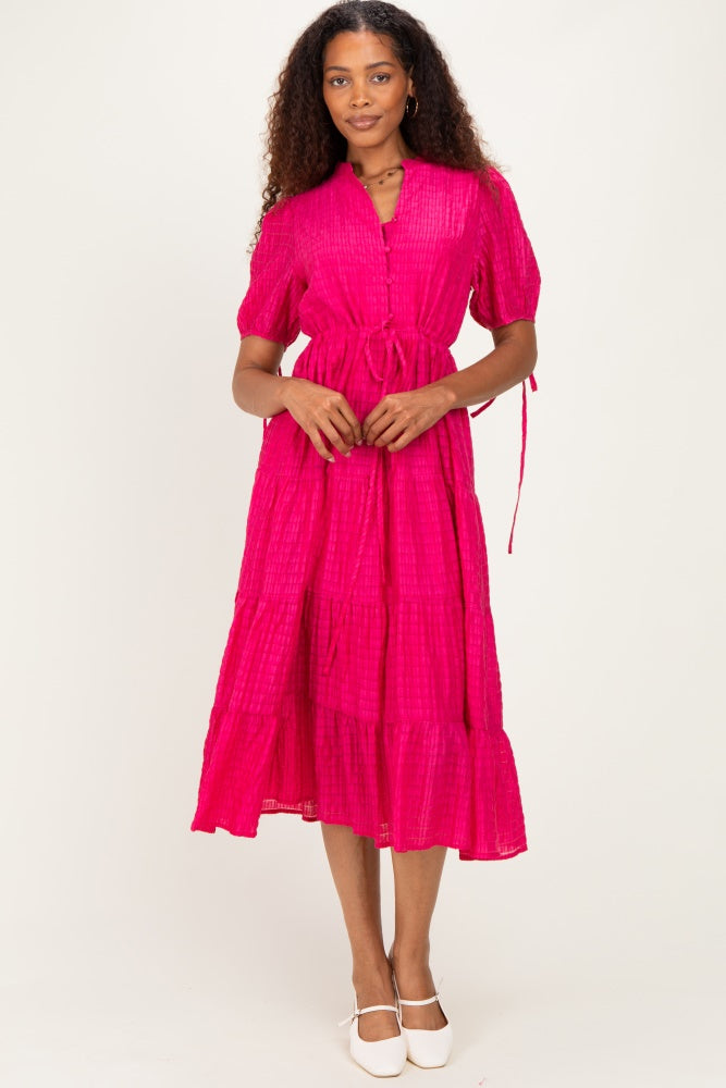 Fuchsia Drawstring Waist Tiered Midi Dress