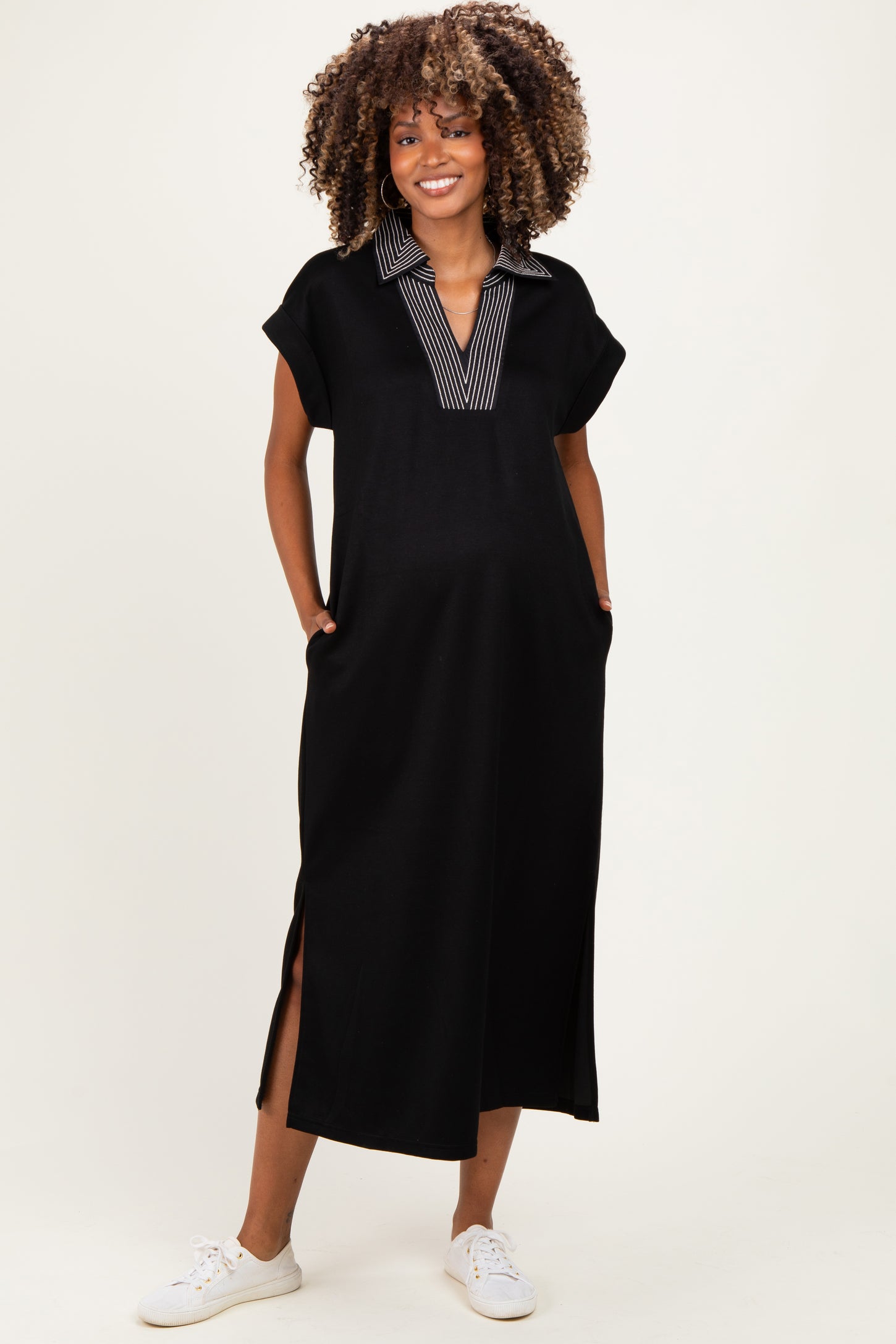 Black Striped Collared Side Slit Maternity Midi Dress