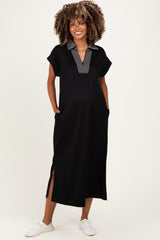 Black Striped Collared Side Slit Maternity Midi Dress