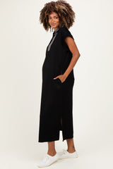 Black Striped Collared Side Slit Maternity Midi Dress