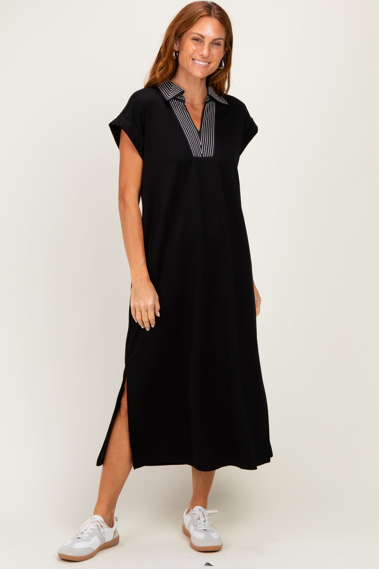 Black Striped Collared Side Slit Maternity Midi Dress