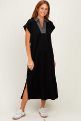 Black Striped Collared Side Slit Maternity Midi Dress
