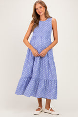 Blue Polka Dot Smocked Tiered Maternity Maxi Dress