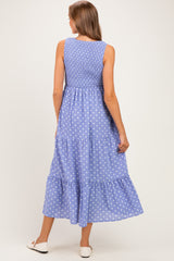 Blue Polka Dot Smocked Tiered Maternity Maxi Dress