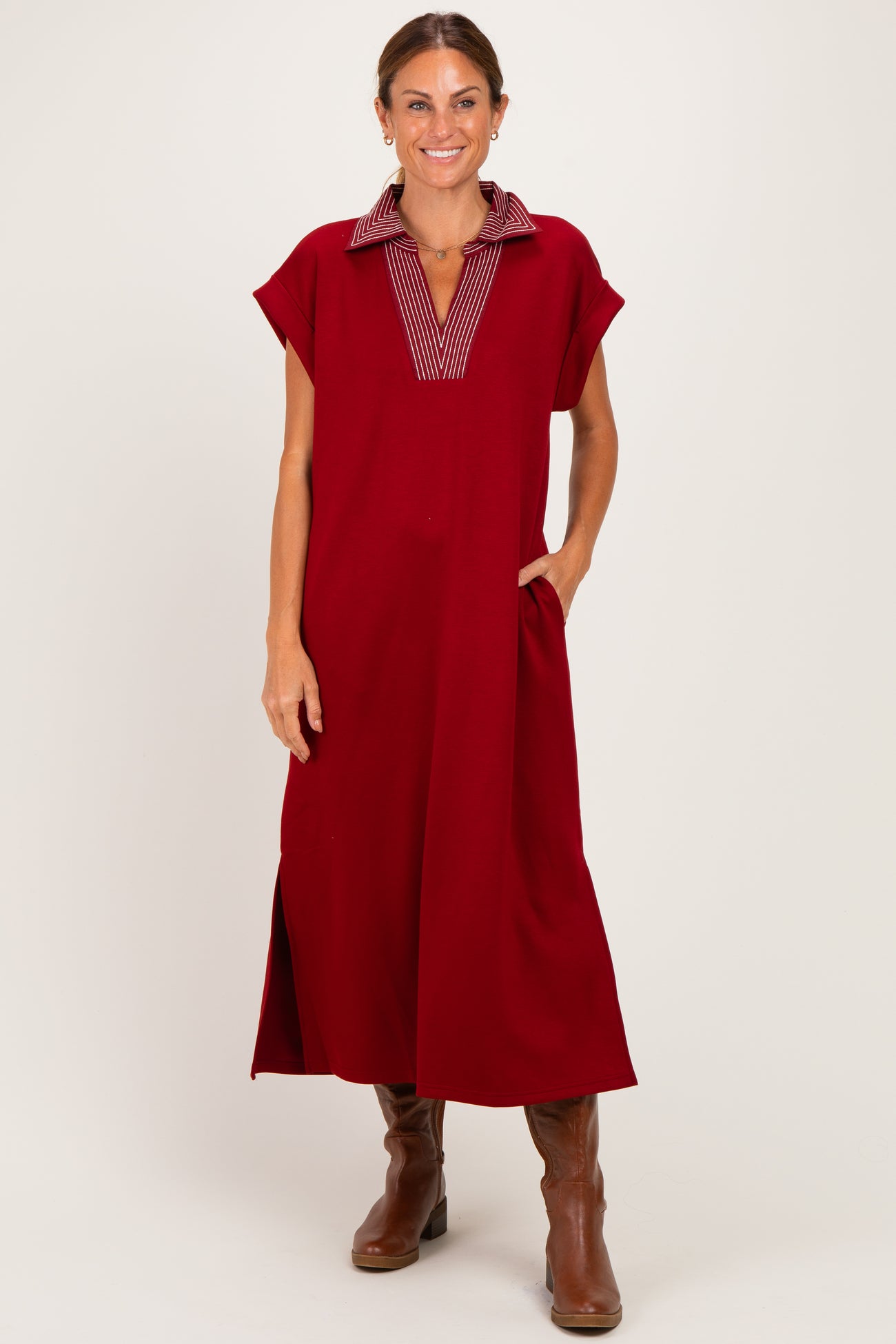 Burgundy Striped Collared Side Slit Maternity Midi Dress