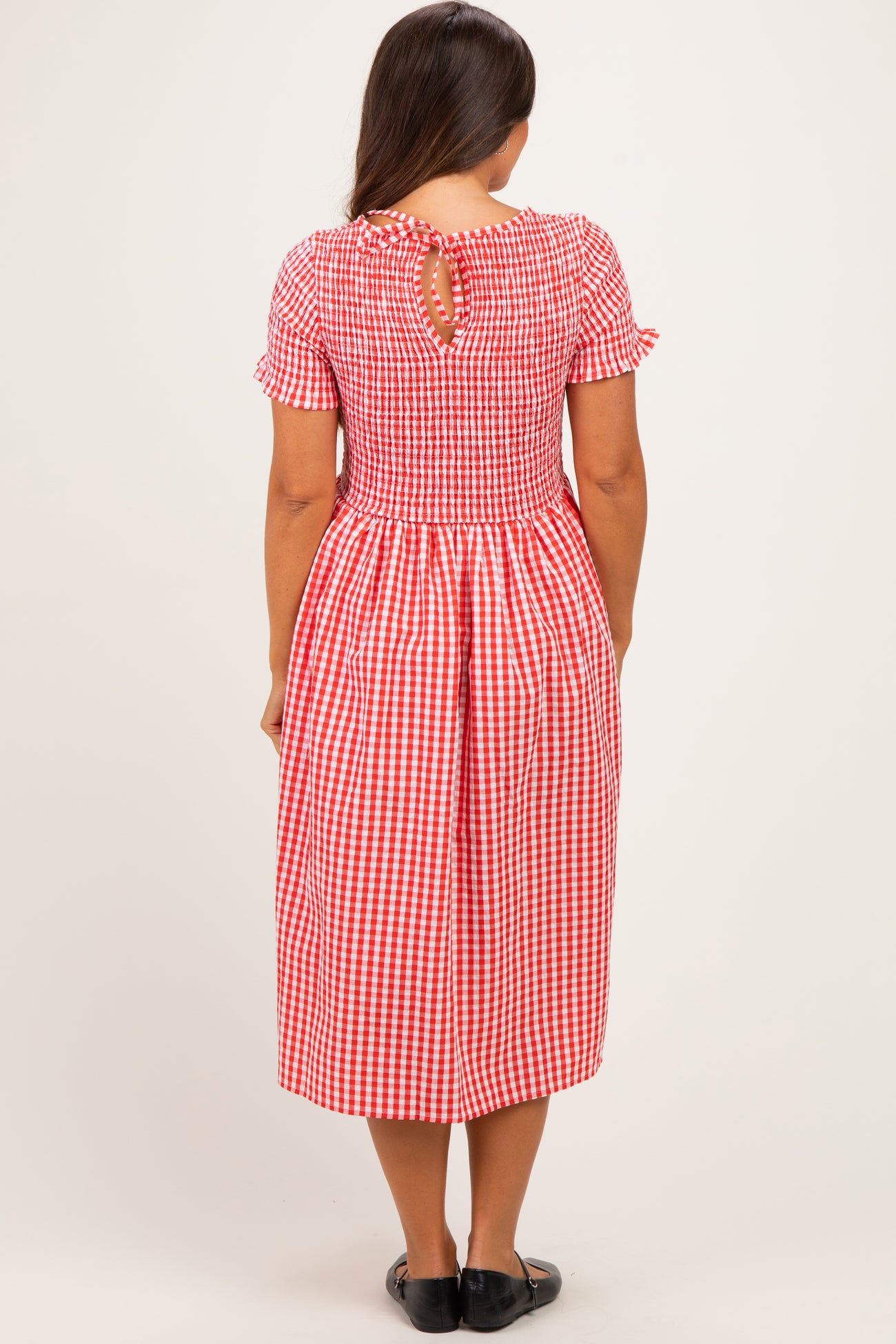 Cherry Smocked Gingham Maternity Midi Dress