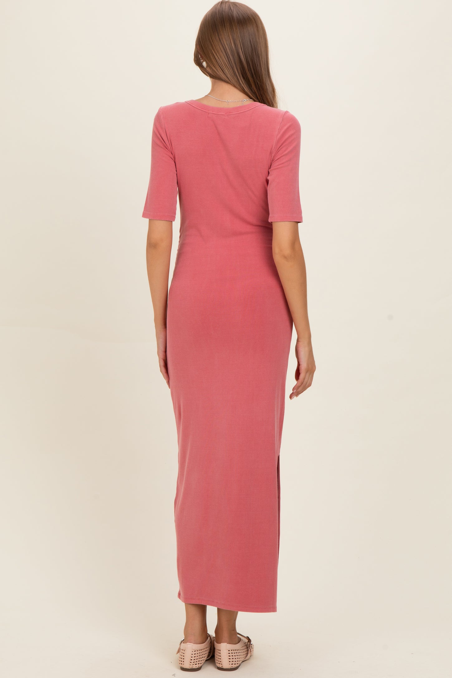 Dusty Rose Ruched Short Sleeve Side Slit Maternity Midi Dress