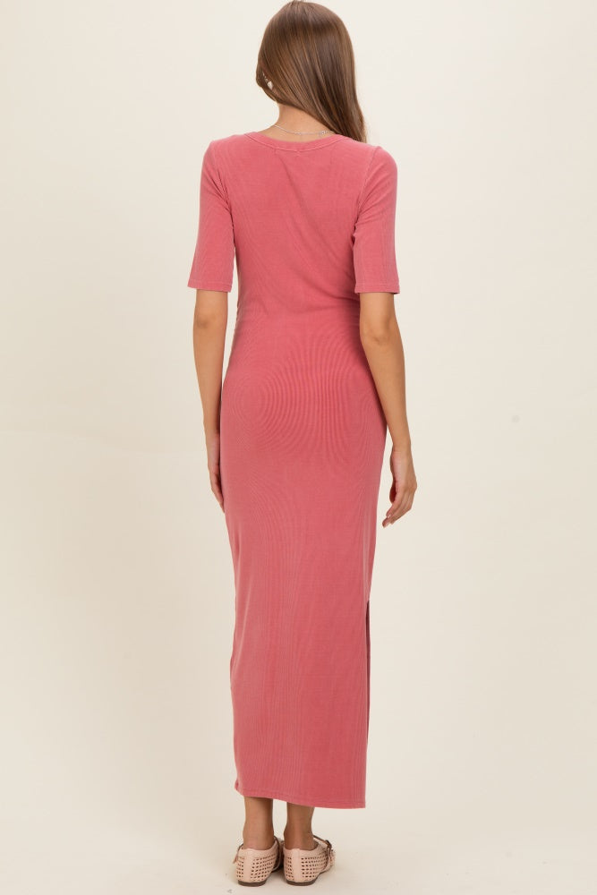 Dusty Rose Ruched Short Sleeve Side Slit Maternity Midi Dress