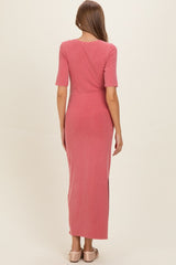 Dusty Rose Ruched Short Sleeve Side Slit Maternity Midi Dress