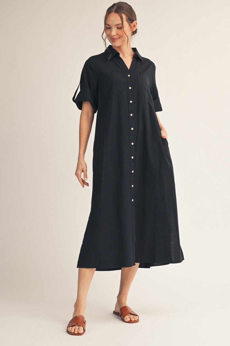 Black Side Slit Button Down Maternity Midi Dress