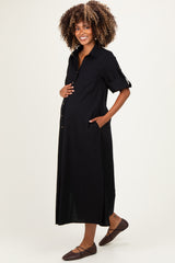 Black Side Slit Button Down Maternity Midi Dress