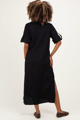 Black Side Slit Button Down Maternity Midi Dress
