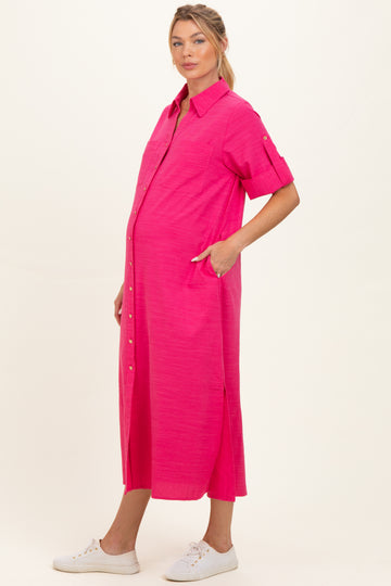 Fuchsia Side Slit Button Down Maternity Midi Dress