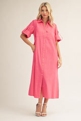 Fuchsia Side Slit Button Down Midi Dress