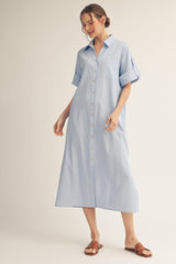 Light Blue Side Slit Button Down Maternity Midi Dress