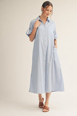 Light Blue Side Slit Button Down Midi Dress
