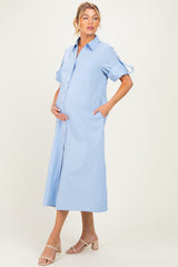Light Blue Side Slit Button Down Maternity Midi Dress