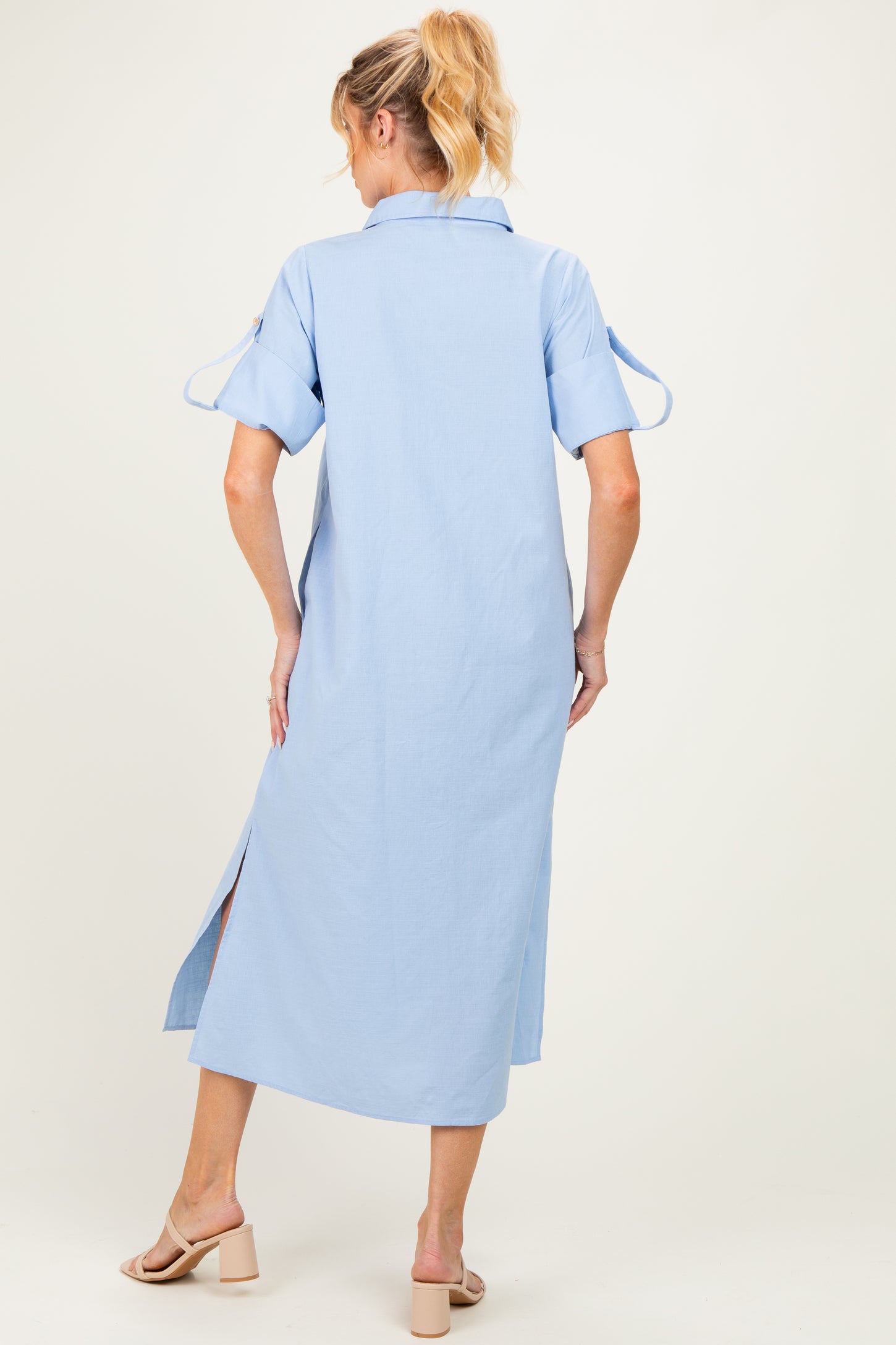 Light Blue Side Slit Button Down Maternity Midi Dress