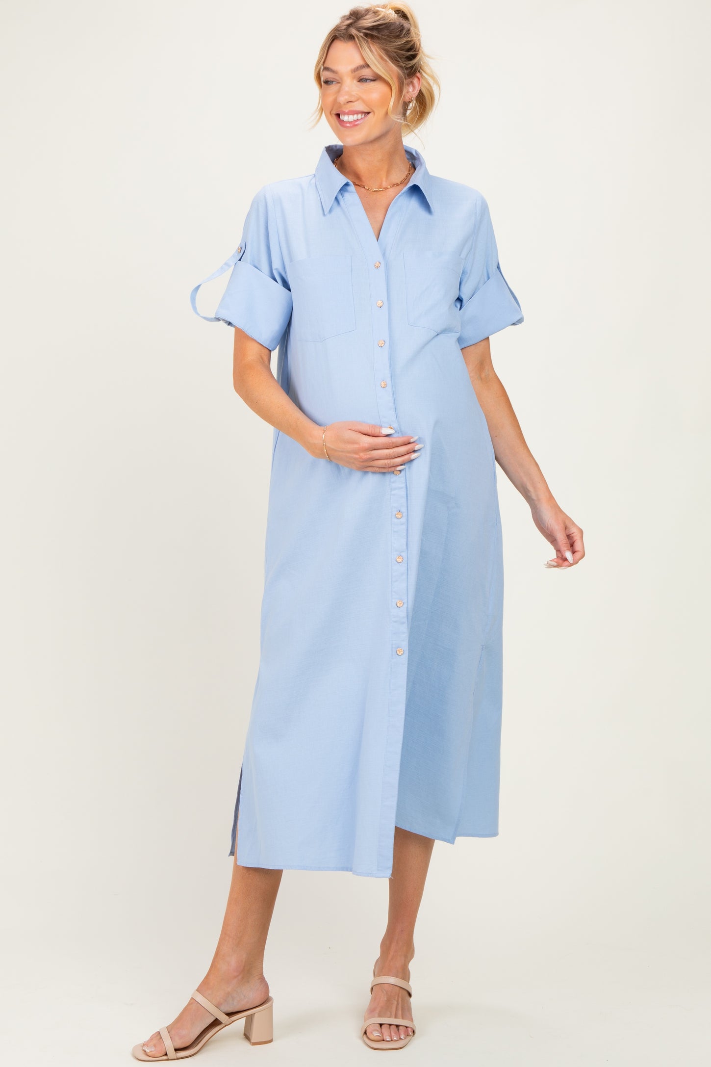 Light Blue Side Slit Button Down Maternity Midi Dress