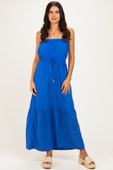 Capri Blue Strapless Cinched Waist Tie Maxi Dress