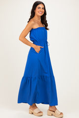 Capri Blue Strapless Cinched Waist Tie Maxi Dress