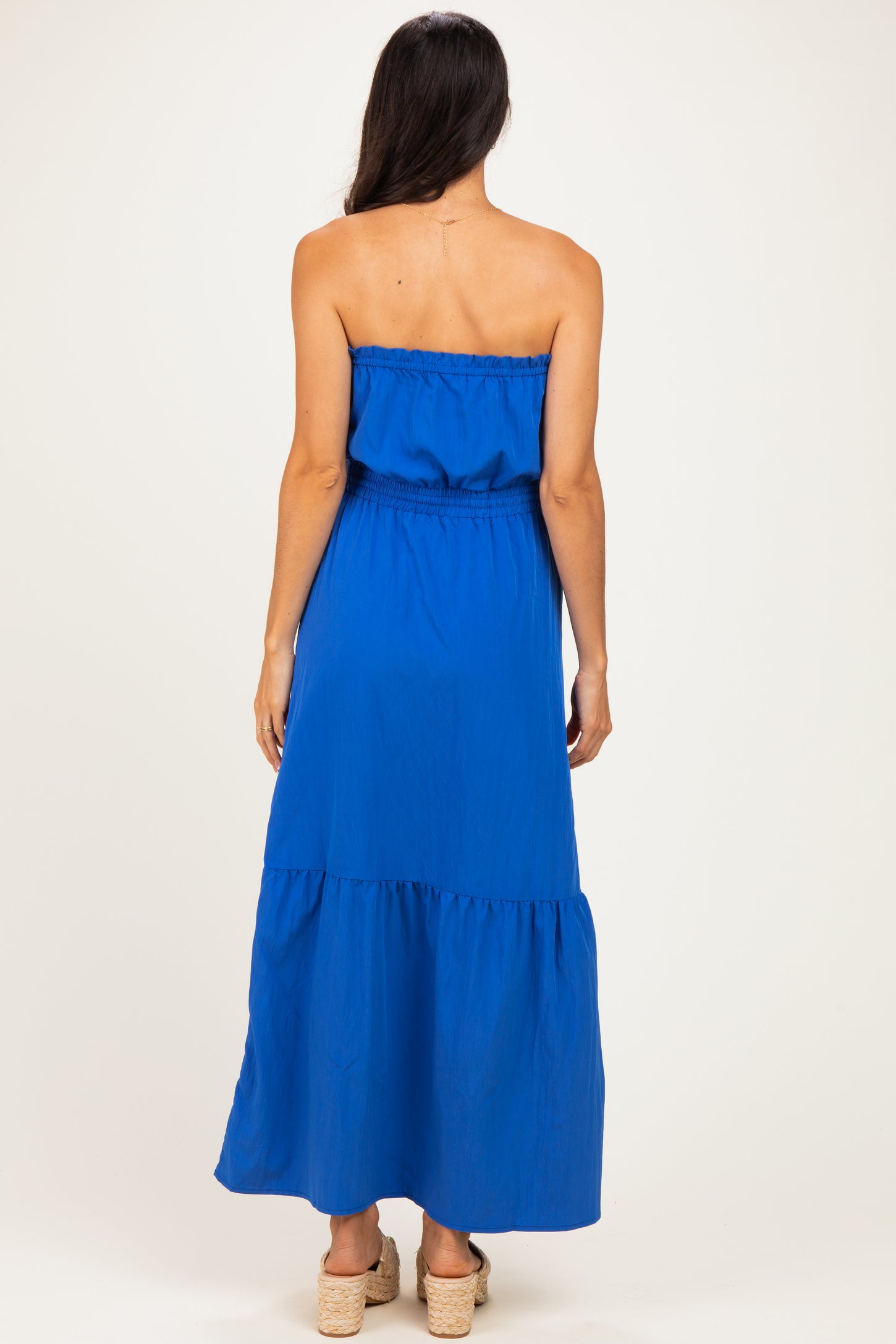 Capri Blue Strapless Cinched Waist Tie Maxi Dress