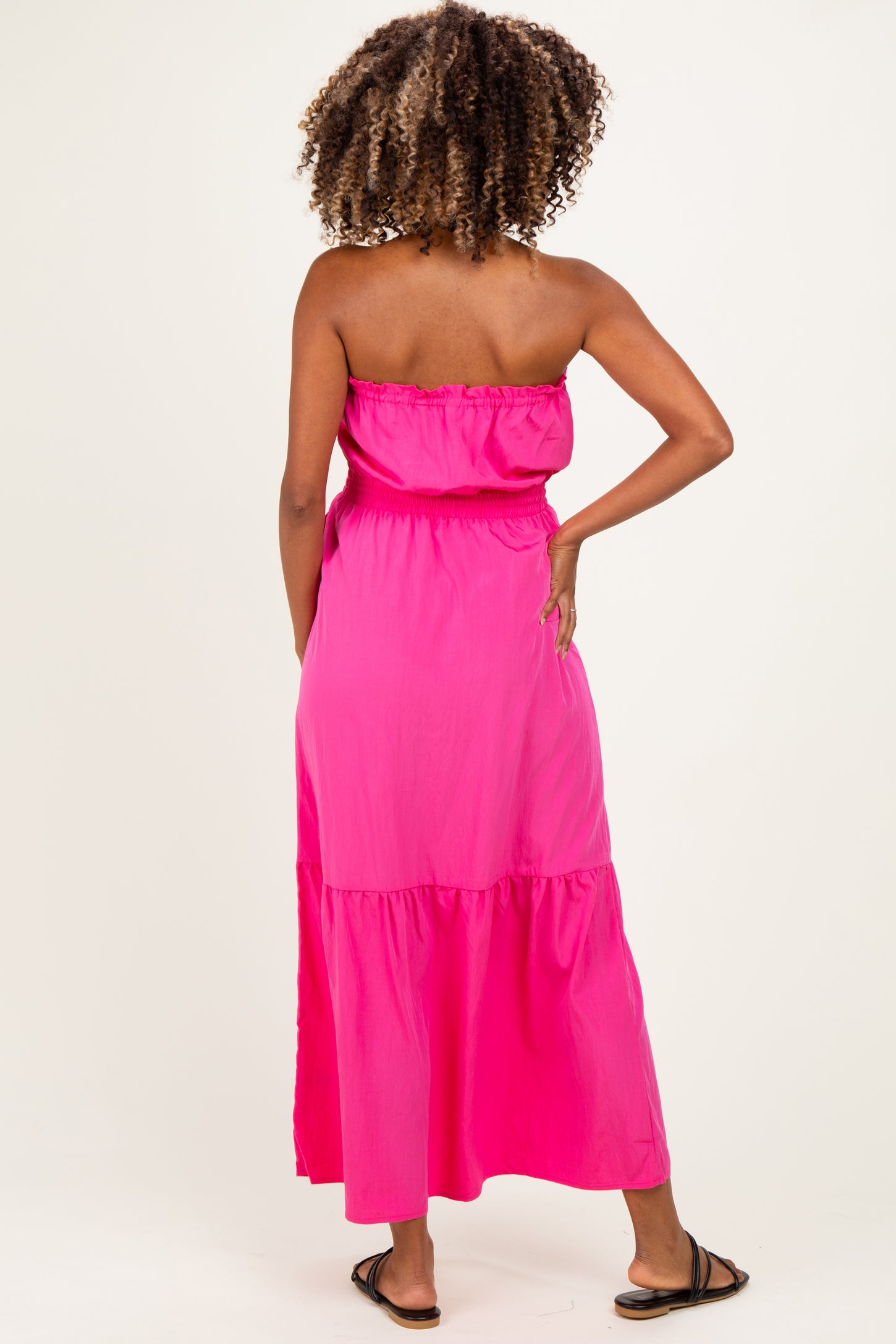 Hot Pink Strapless Cinched Waist Tie Maternity Maxi Dress