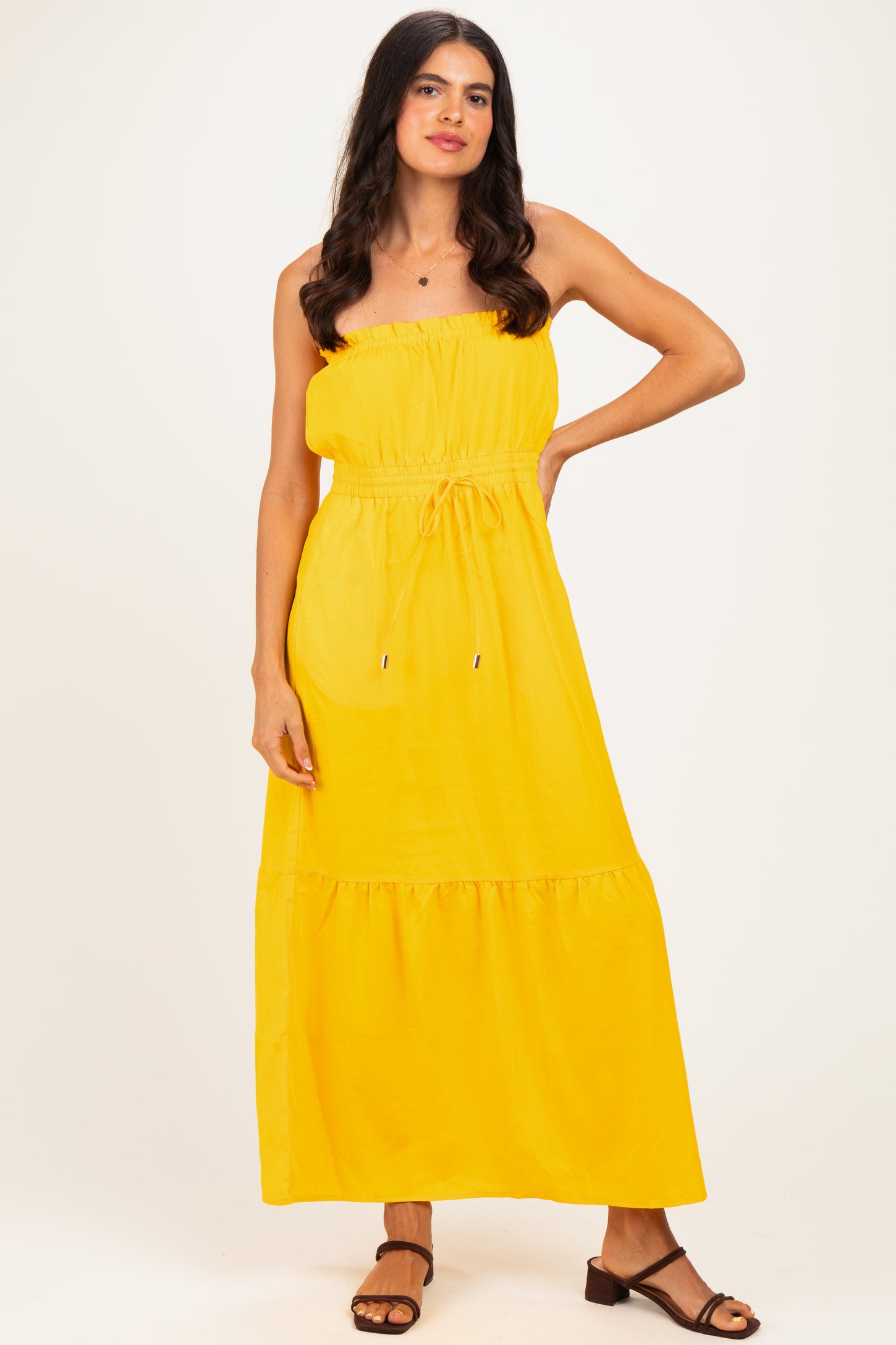 Sunflower Strapless Cinched Waist Tie Maternity Maxi Dress